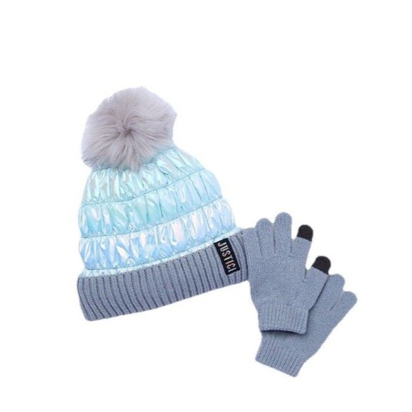 Justice Girl’s Shiny Puffer Hat and Gloves Set Pom Pom Ice Blue OS NWT - Picture 1 of 1